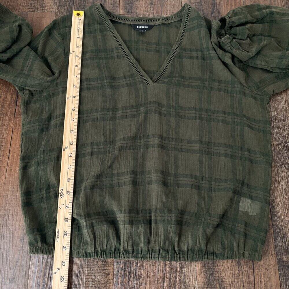 Express V-Neck Blouse Sheer Long Sleeve Relaxed Fit Officewear Size Medium Olive - Picture 11 of 15
